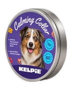 Kelpie Calming Collar tin, purple label with an Australian Shepherd, natural ingredients and worn up to 60 days badges