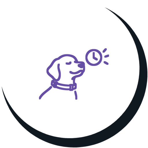 Line drawing of a dog wearing a collar beside a clock