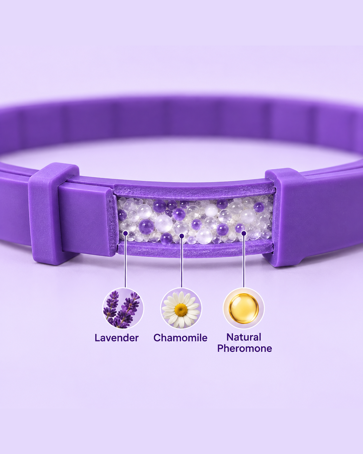 Cutaway of the Kelpie Calming Collar showing the lavender, chamomile and natural pheromone beads inside