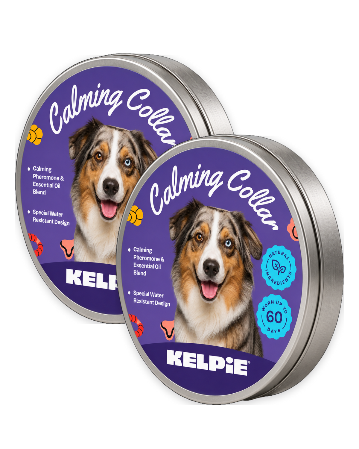 Two tins of Kelpie Calming Collar, the two pack