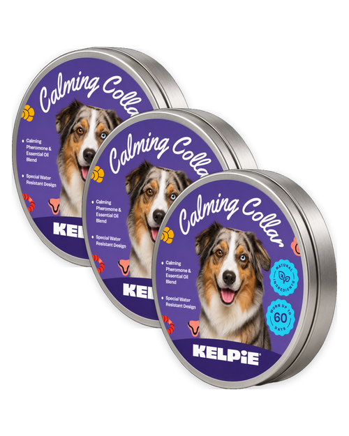 Three tins of Kelpie Calming Collar, the three pack