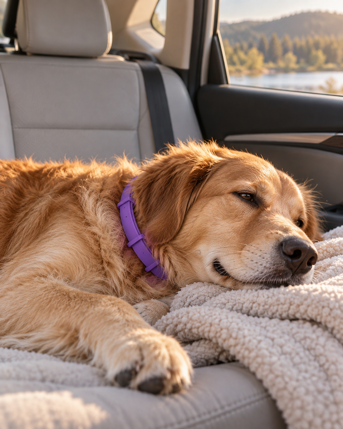 Golden retriever asleep on a car back seat wearing the purple Kelpie Calming Collar