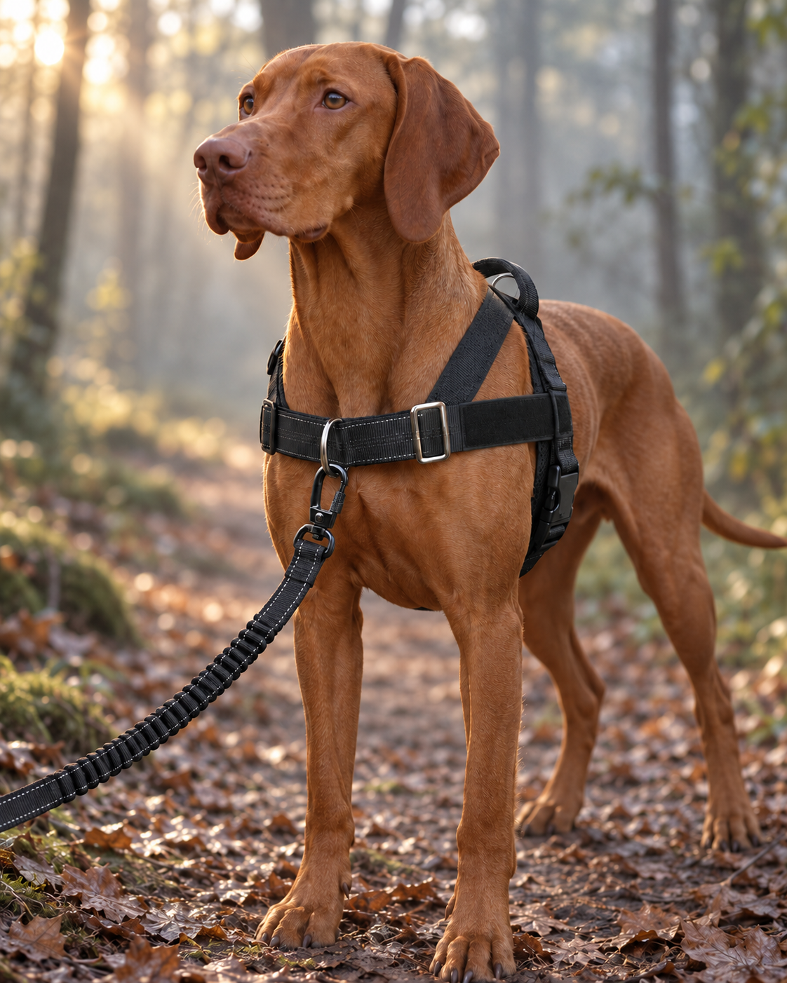 Vizsla on a misty woodland trail wearing the Kelpie No-Pull Harness with the bungee leash clipped to the front chest D-ring