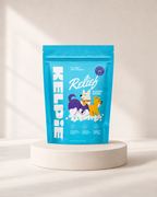 Kelpie Relief allergy chews pouch on a studio pedestal, 30 chews, 90 g