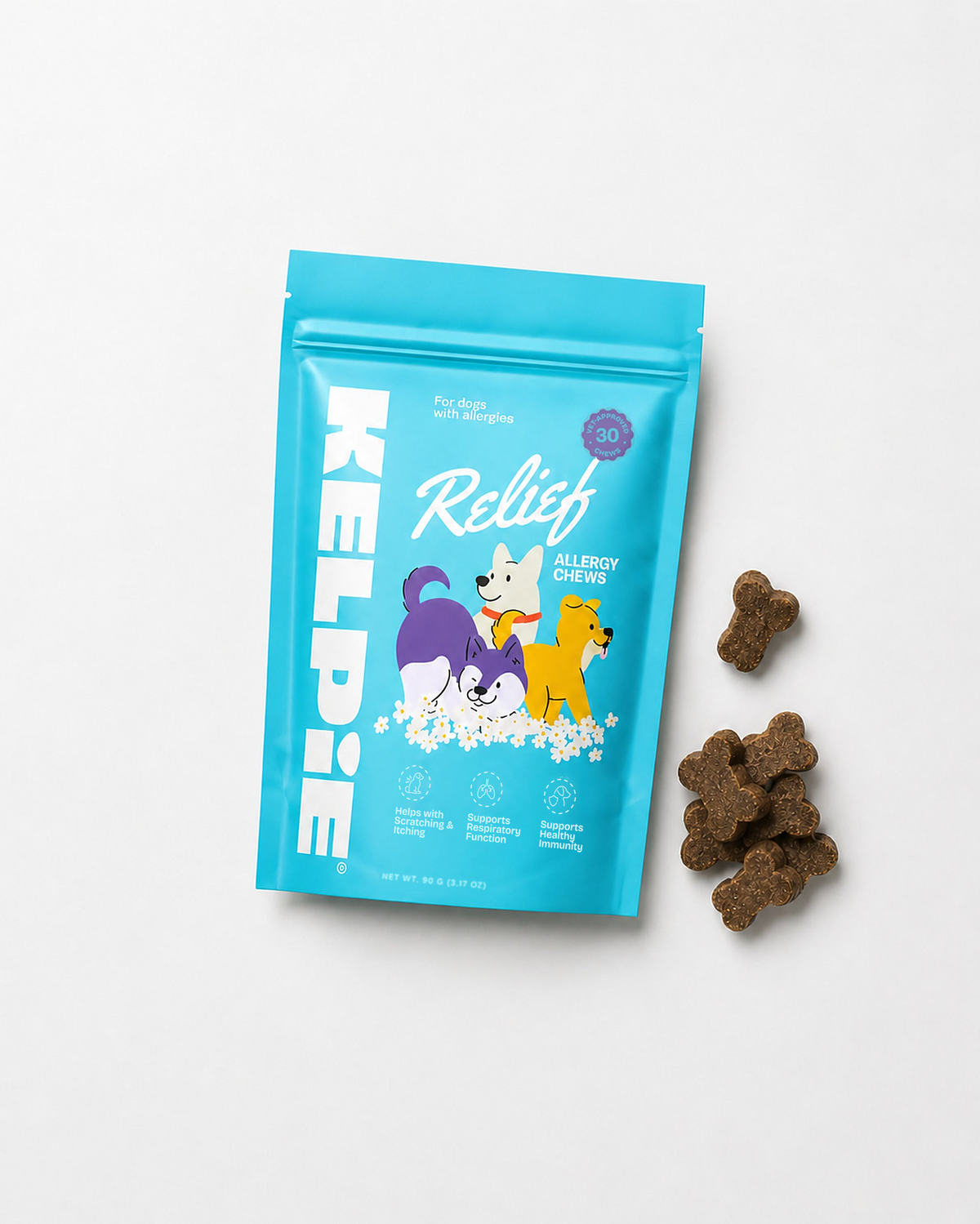 Kelpie Relief pouch with allergy chews beside it, 30 soft chews per pouch